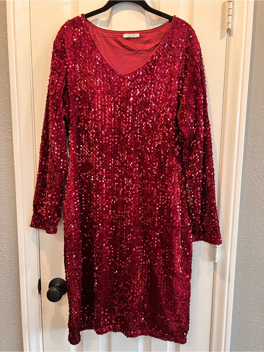 IN’VOLAND Plus Size 16W Sequin Dress Burgundy Red Long Sleeve V-Neck Party